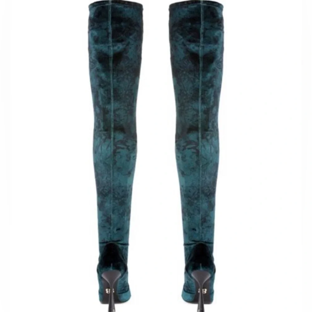 Beautiisoles by Robyn Shreiber Marilia Thigh High Green Floral Velvet Boots
